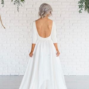 3-4 Sleeve Satin A-Line Vow Renewal Dress With Bateau Neckline